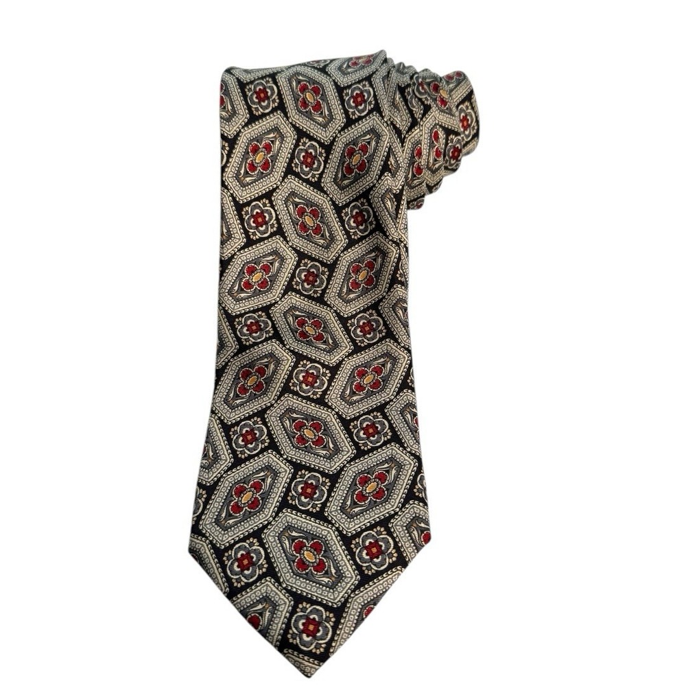 John‎ Henry 100% Silk Tie Geometric Floral Pattern Handmade Imported Fabric B14Q